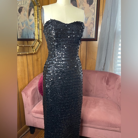 Vintage bombshell black sequin strapless gown VLV - Picture 5 of 5